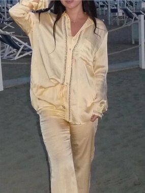 Zara Silky Cream Lounge Set - Button Front Top & Pants